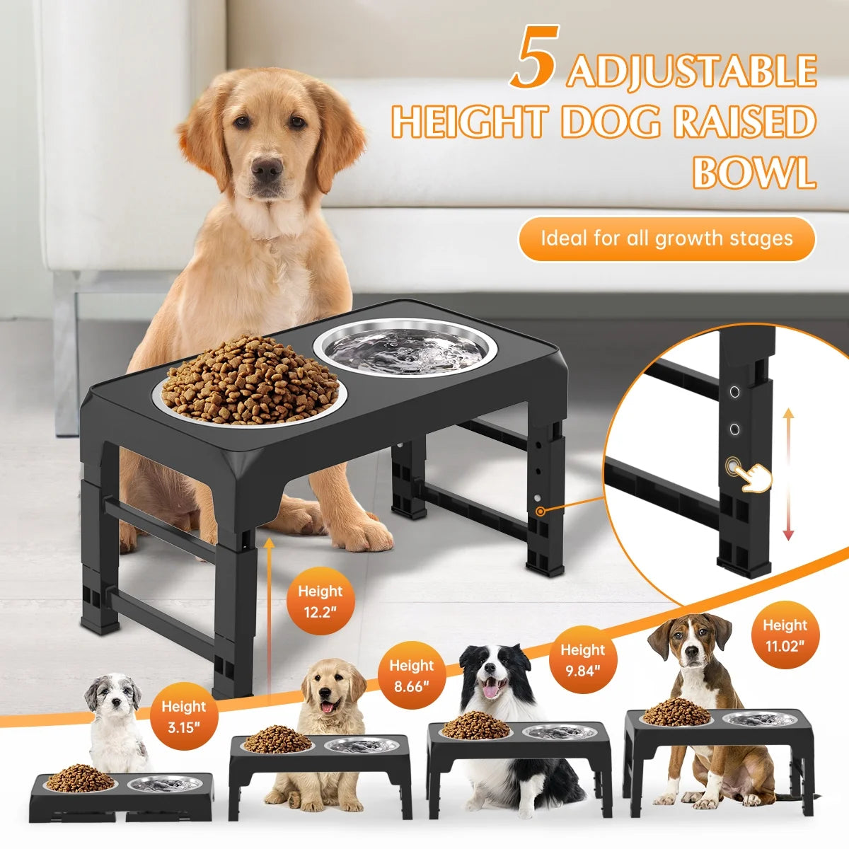 UpPup Adjustable Diner – 5-Level Raised Dog Feeder with 2 Stainless Steel Bowls